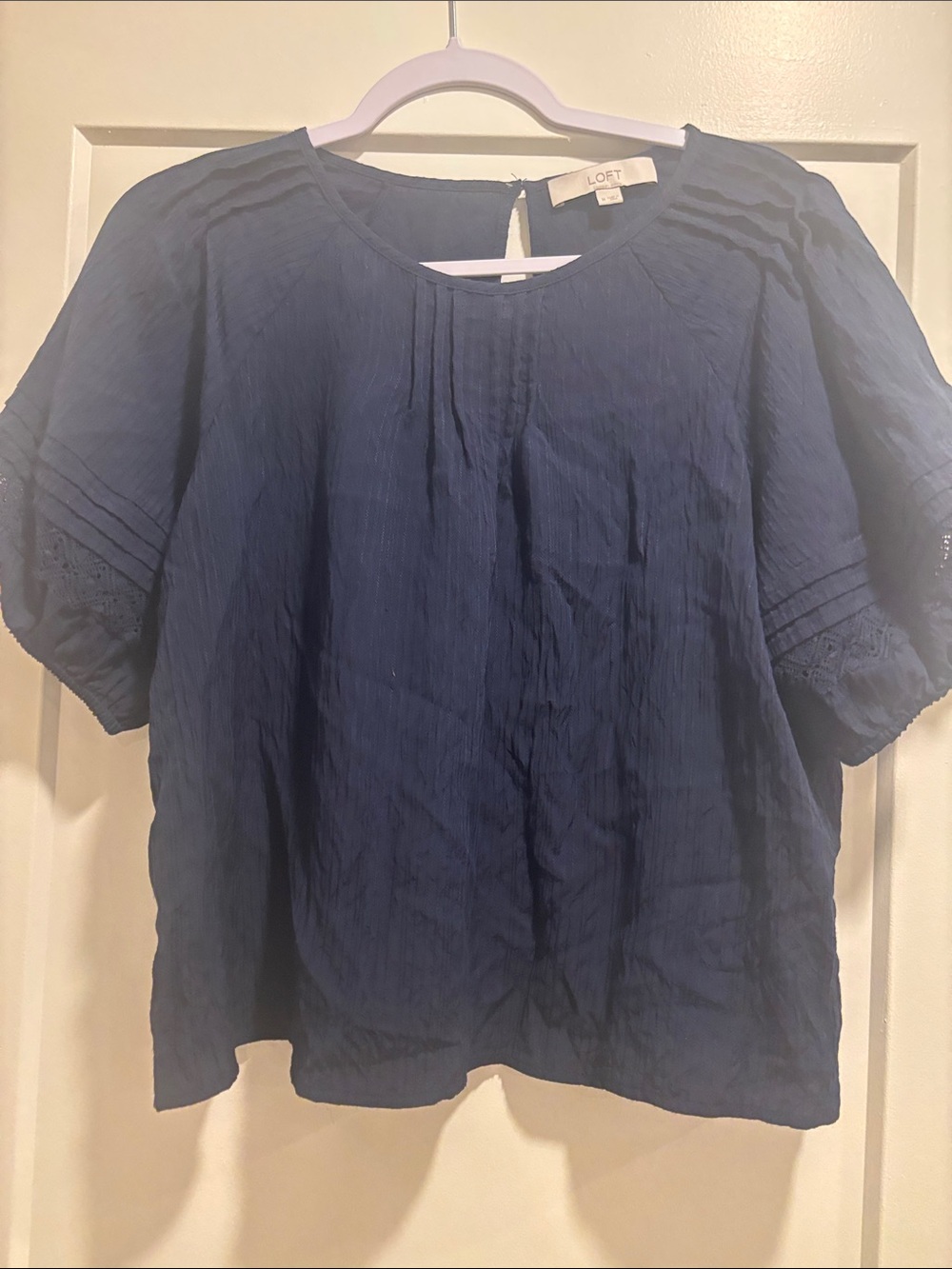LOFT Navy Short Sleeve Pintuck & Eyelet Blouse
